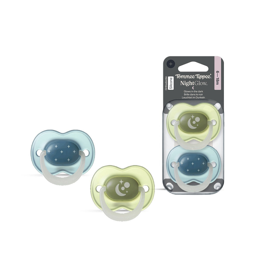 夜光NightGlow 安撫奶嘴｜6-18 個月｜2個裝｜夜光設計｜附可重複使用微波消毒盒｜矯正型奶嘴｜設有通氣孔｜對稱奶嘴頭｜不含 BPA｜男仔色