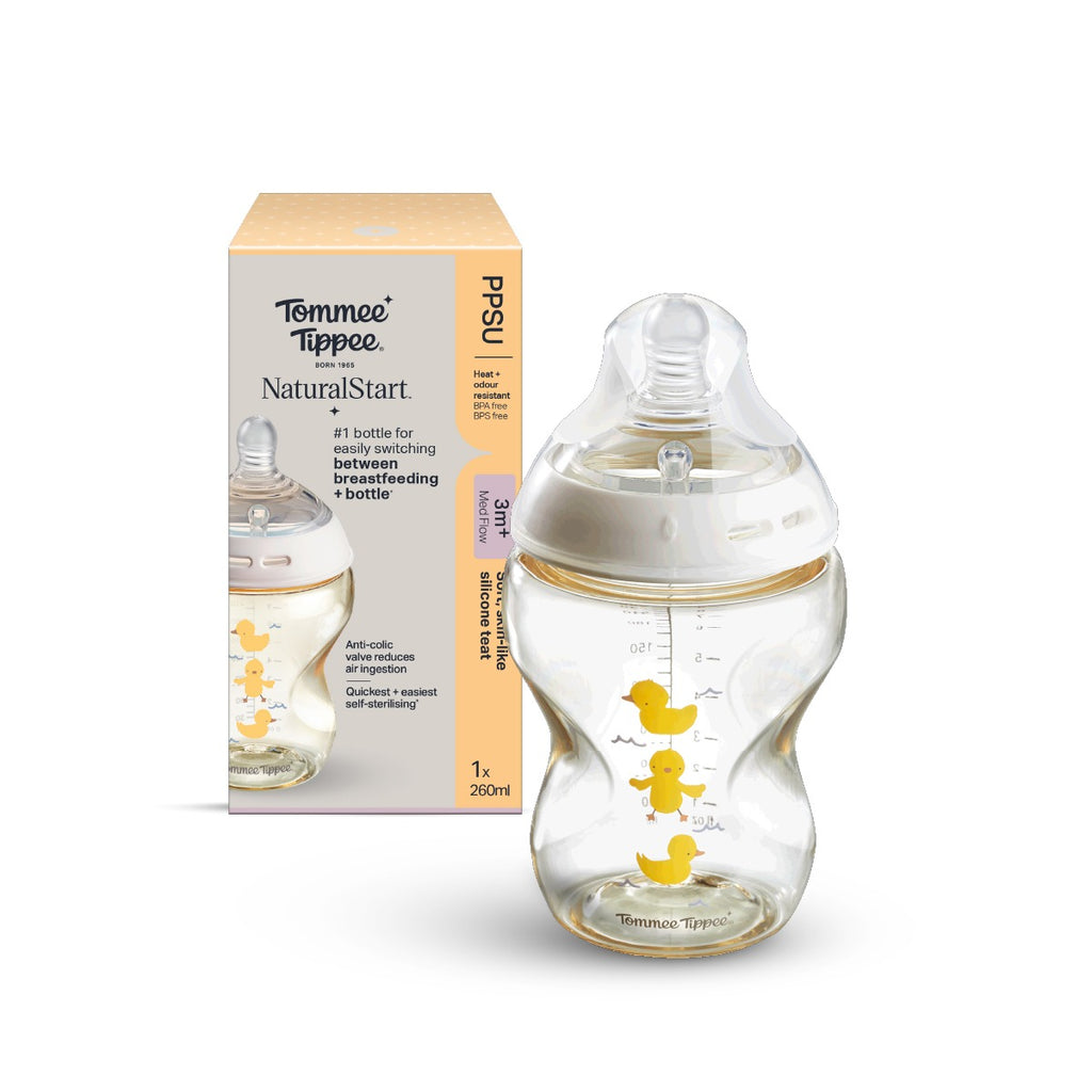 Natural Start PPSU印花奶瓶 - 小鴨子 (適用於3個月以上)｜260毫升單個裝｜中流量仿母乳奶嘴｜可微波蒸汽消毒奶瓶｜不含BPA