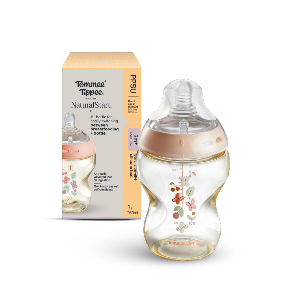 Natural Start PPSU印花奶瓶 - 蝴蝶 (適用於3個月以上)｜260毫升單個裝｜中流量仿母乳奶嘴｜可微波蒸汽消毒奶瓶｜不含BPA