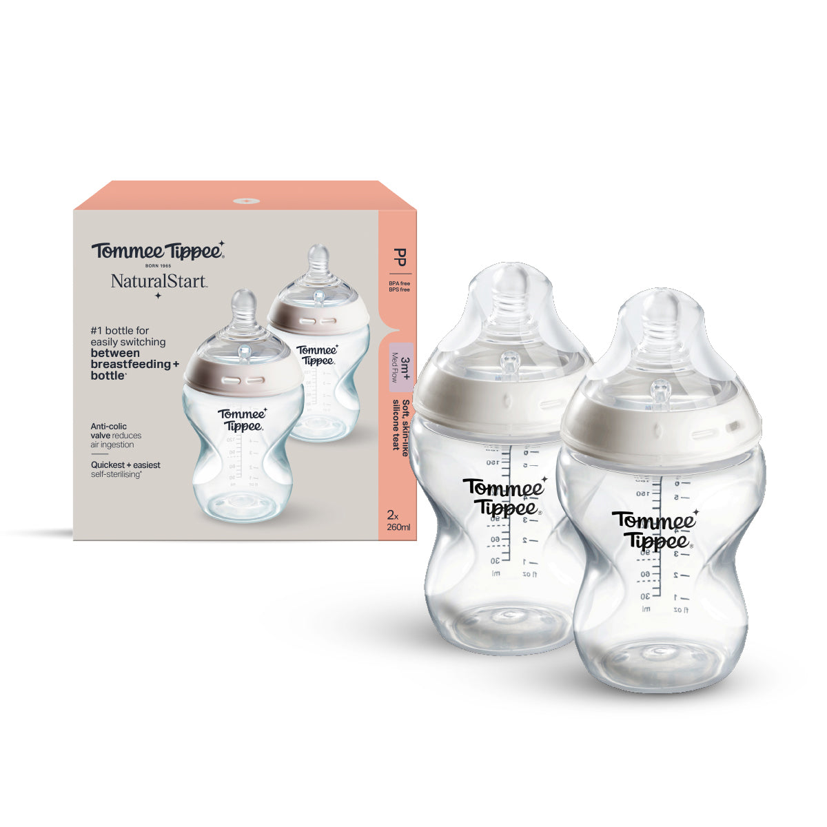 Natural Start PP奶瓶 (適用於3個月以上)｜260毫升兩個裝｜中流量仿母乳奶嘴｜可微波蒸汽消毒奶瓶｜不含BPA