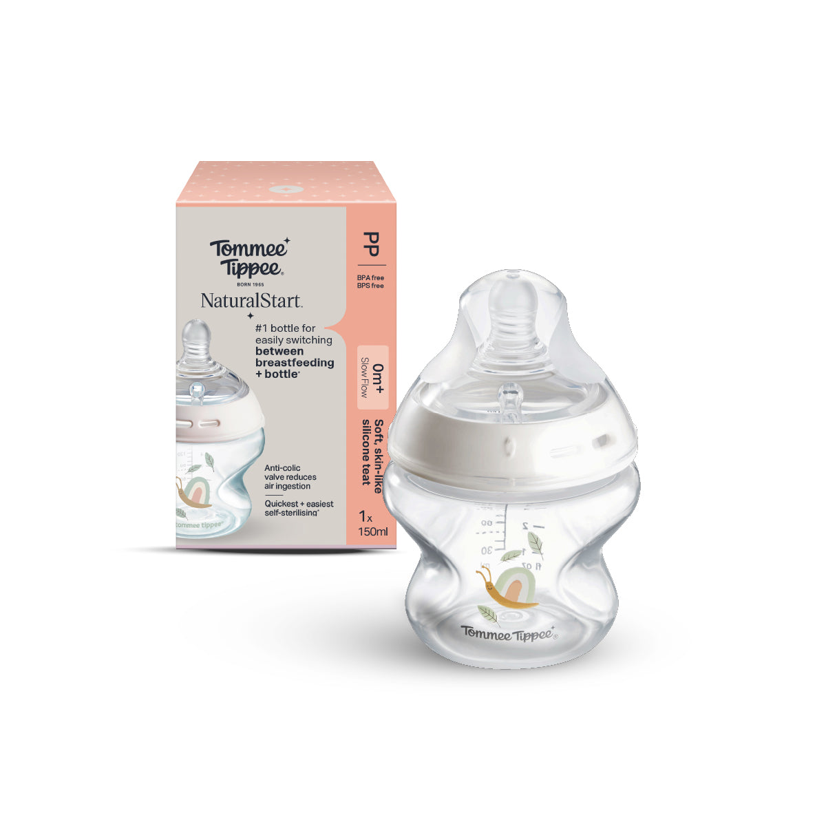 Natural Start PP印花奶瓶 - 小蝸牛 (適用於初生/0個月以上)｜150毫升｜慢流量仿母乳奶嘴｜可微波蒸汽消毒奶瓶｜不含BPA