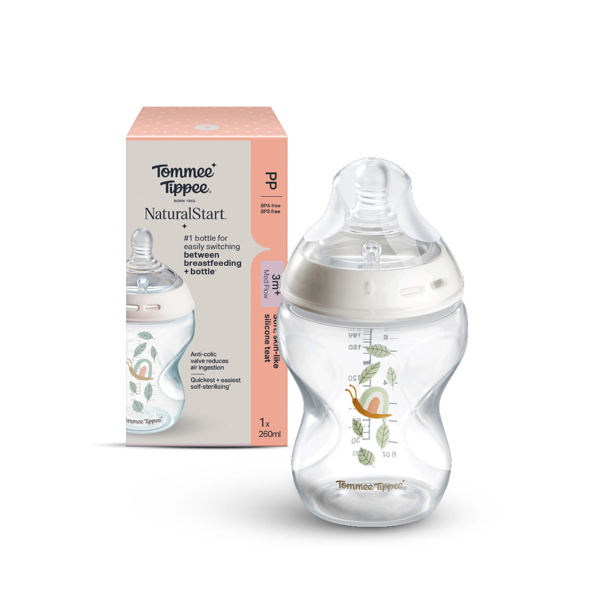 Natural Start PP印花奶瓶 - 小蝸牛 (適用於3個月以上)｜260毫升｜中流量仿母乳奶嘴｜可微波蒸汽消毒奶瓶｜不含BPA