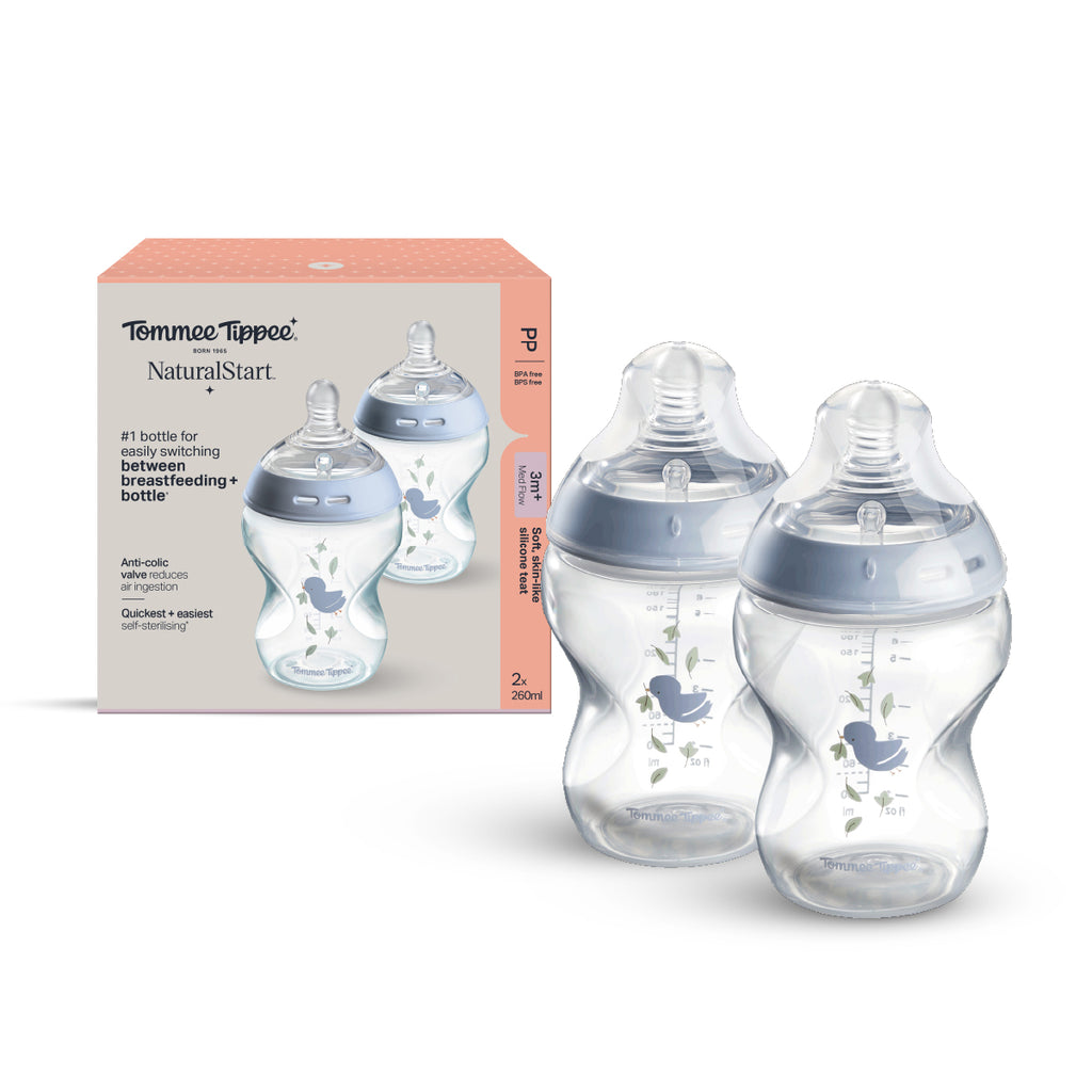 Natural Start PP印花奶瓶 - 藍小鳥 (適用於3個月以上)｜260毫升兩個裝｜中流量仿母乳奶嘴｜可微波蒸汽消毒奶瓶｜不含BPA