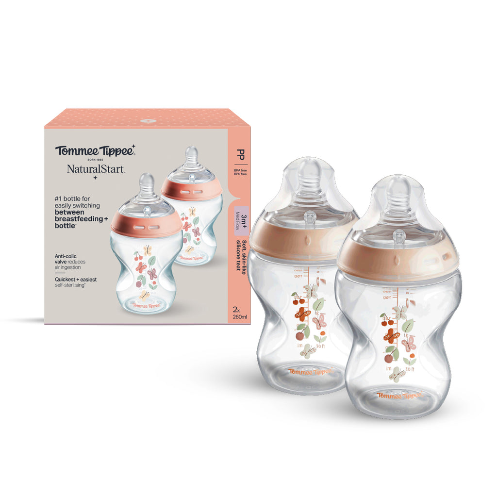 Natural Start PP印花奶瓶 - 粉蝴蝶 (適用於3個月以上)｜260毫升兩個裝｜中流量仿母乳奶嘴｜可微波蒸汽消毒奶瓶｜不含BPA
