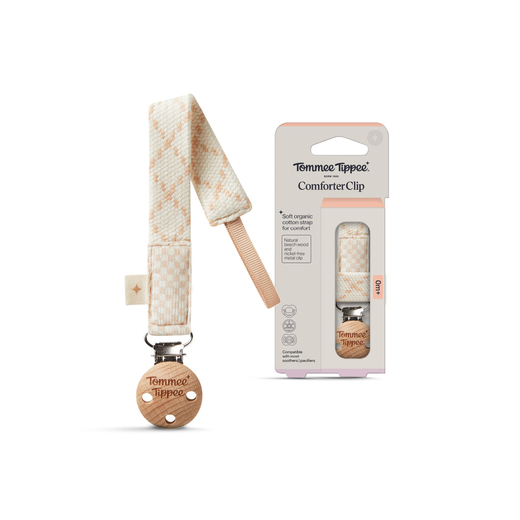 原木安撫奶嘴夾 | 0個月以上適用 | 單件裝 | 有機棉材質 | 兼容各款安撫奶嘴 | 掛環設計 | 天然榉木與不鏽鋼材質