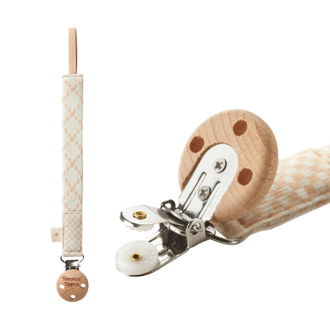 原木安撫奶嘴夾 | 0個月以上適用 | 單件裝 | 有機棉材質 | 兼容各款安撫奶嘴 | 掛環設計 | 天然榉木與不鏽鋼材質