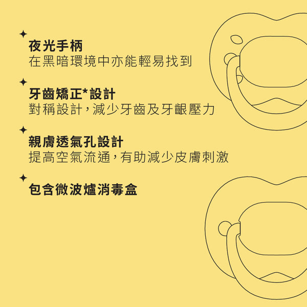 6-18 個月 NightGlow 夜光安撫奶嘴, 2個裝, 夜光功能, 矽膠奶嘴, 可重複使用微波消毒盒, 矯形奶嘴, 透氣孔設計, 對稱奶嘴頭, 不含BPA