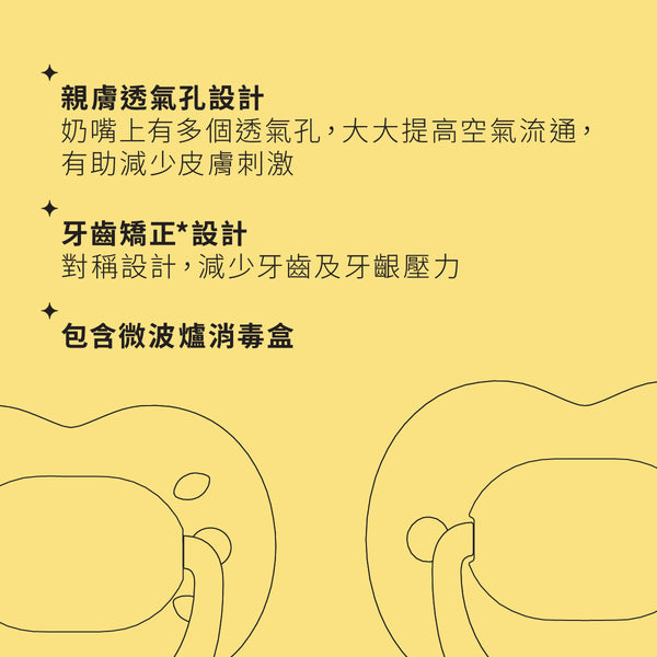 6-18M Ultimate Fit 安撫奶嘴，女仔款，2個裝，可重複使用微波消毒盒，矽膠奶嘴，矯形奶嘴，加強透氣孔設計，對稱奶嘴頭，100%不含BPA